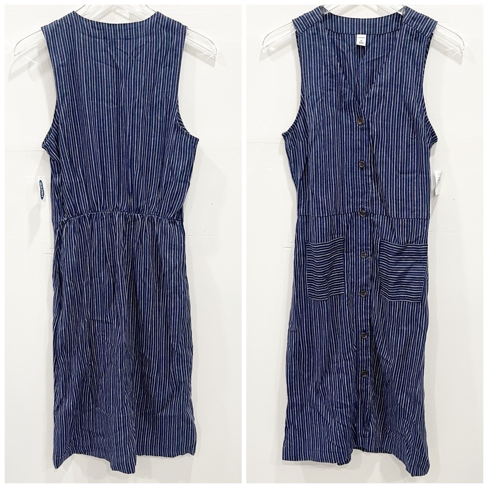 Old Navy Button Front Linen Blend Navy Stripe Dress Sleeveless V-Neck XS